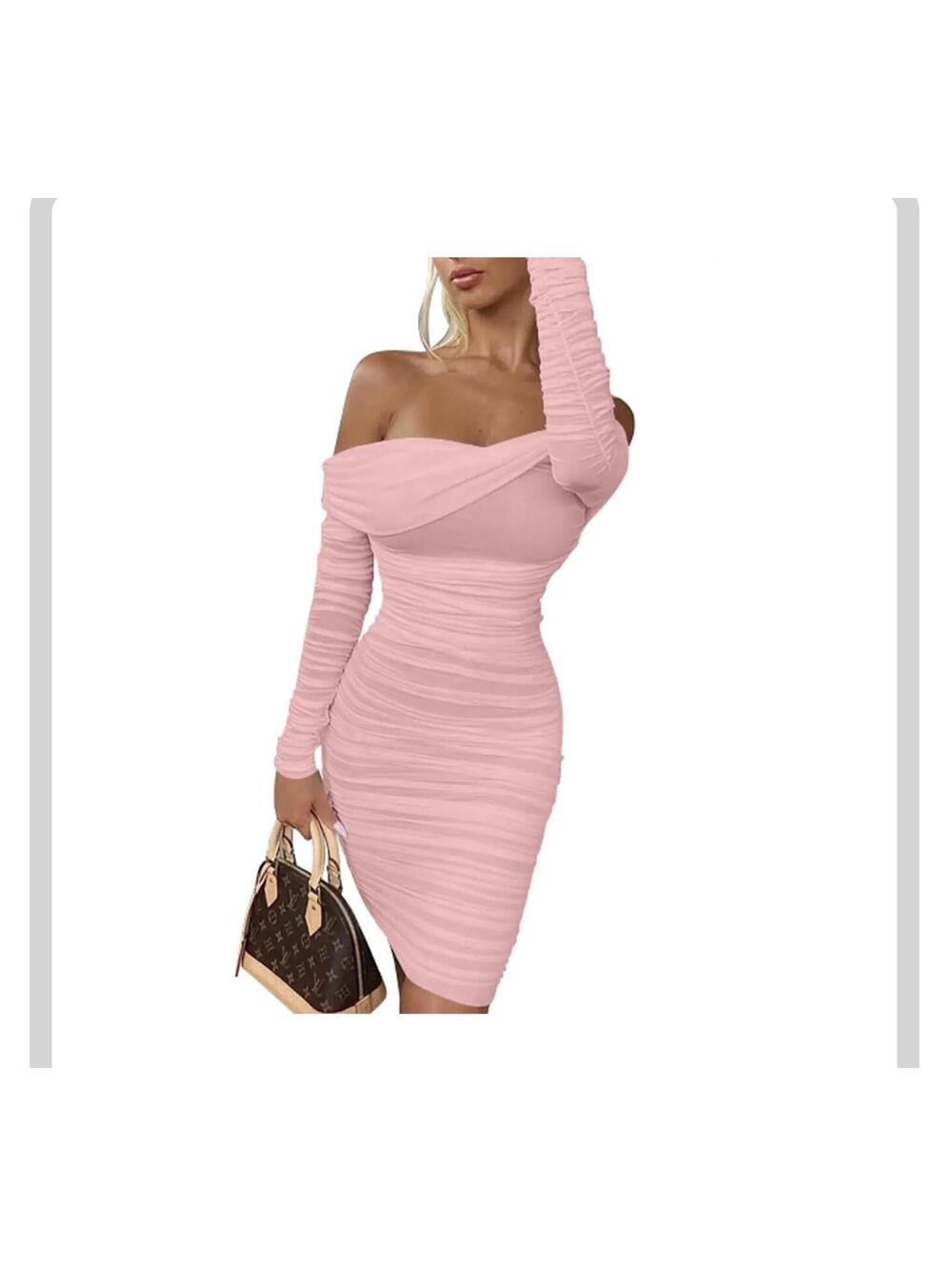 Viral OYS Off Shoulder Long Sleeve Ruched Bodycon Mesh Dress